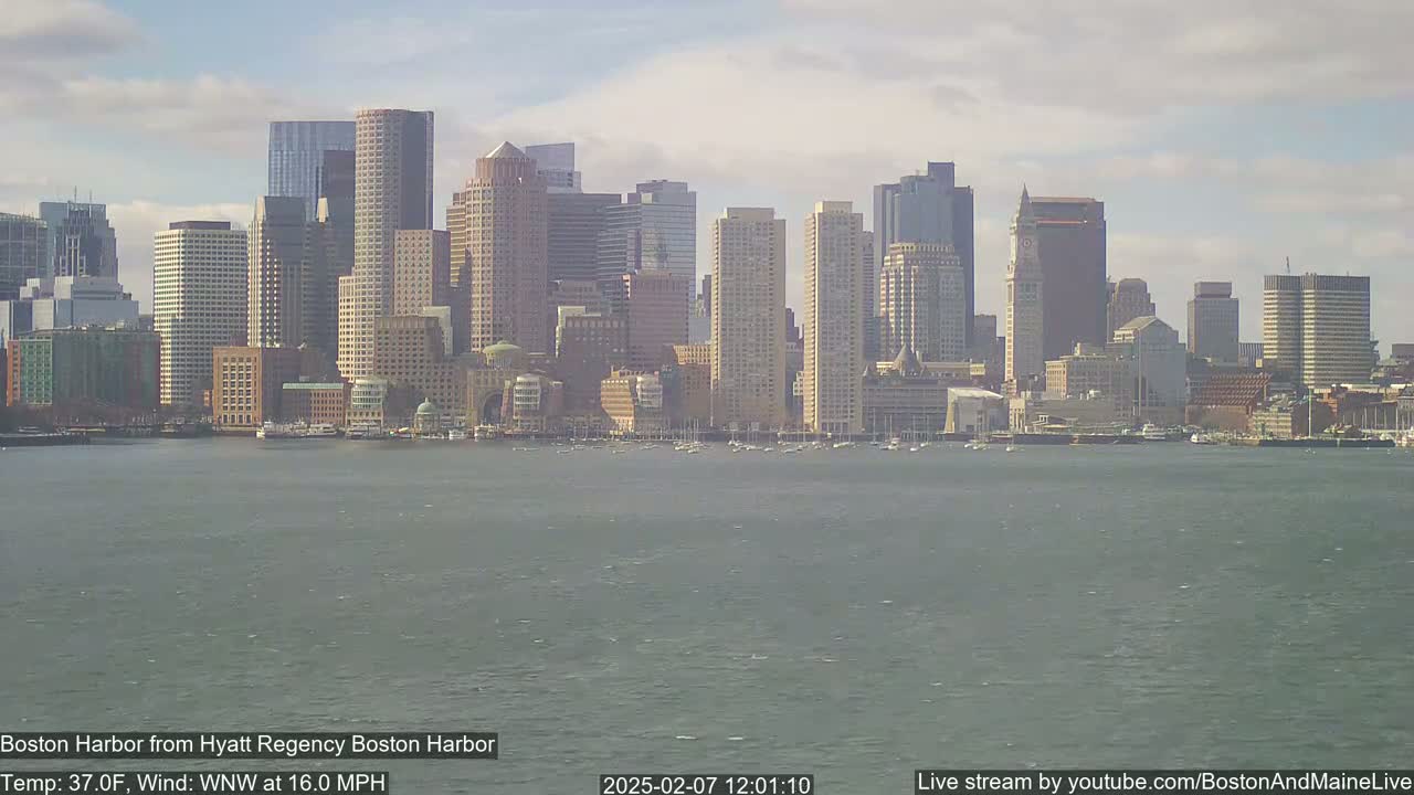 A city skyline, comprised of numerous skyscrapers and high-rise buildings, is viewed across a body of water on a partly cloudy day with a WNW wind at 16 mph.