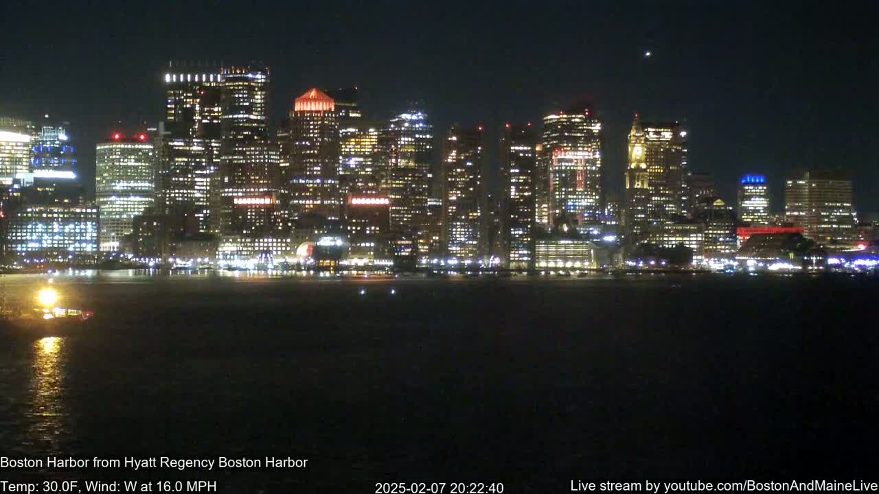 A brightly lit city skyline is seen across a dark body of water at night, with a 16 mph wind.