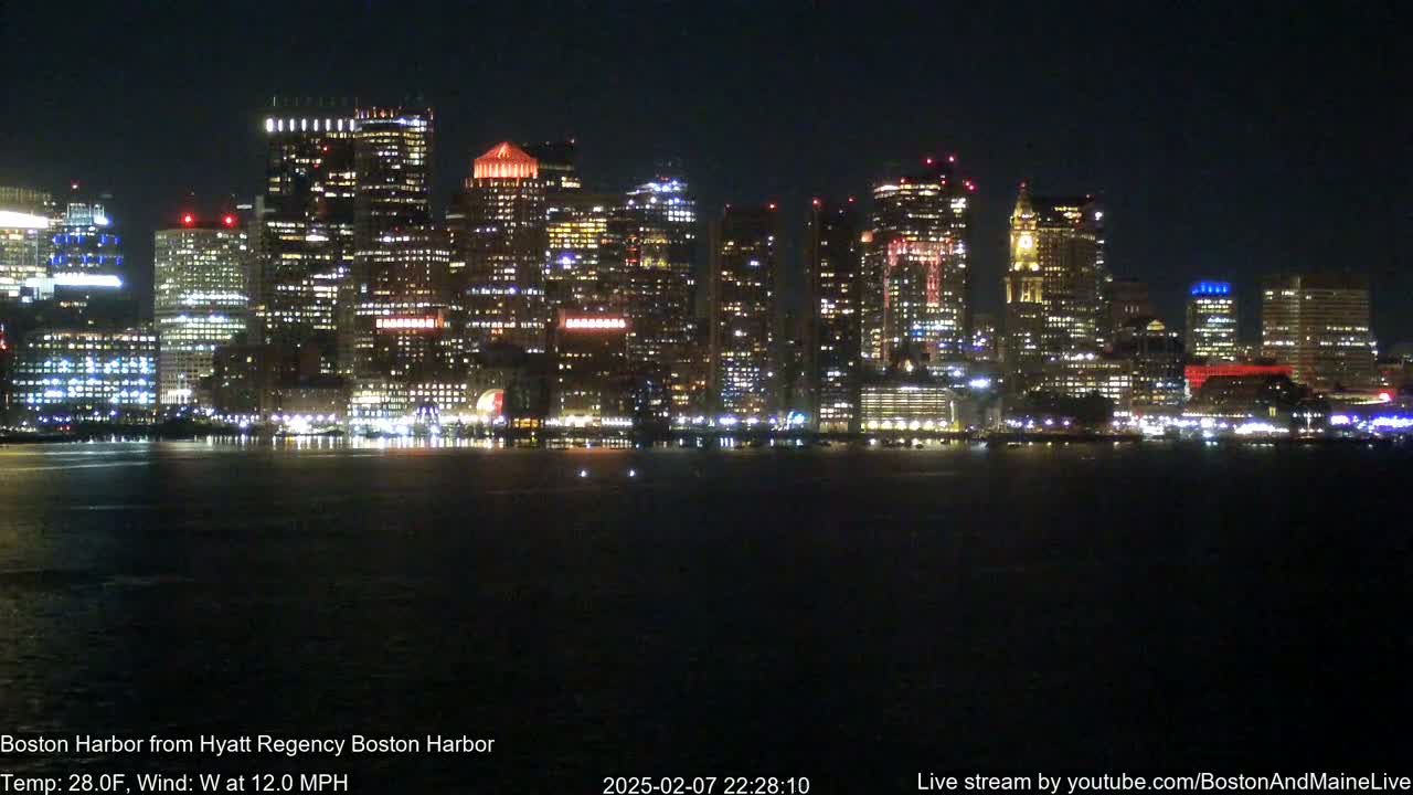 A nighttime view of a city skyline across a dark body of water, with a moderate west wind.