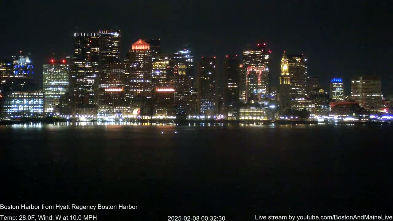 A brightly lit city skyline is seen across a dark body of water at night, with a 10 mph west wind and a temperature of 28°F.