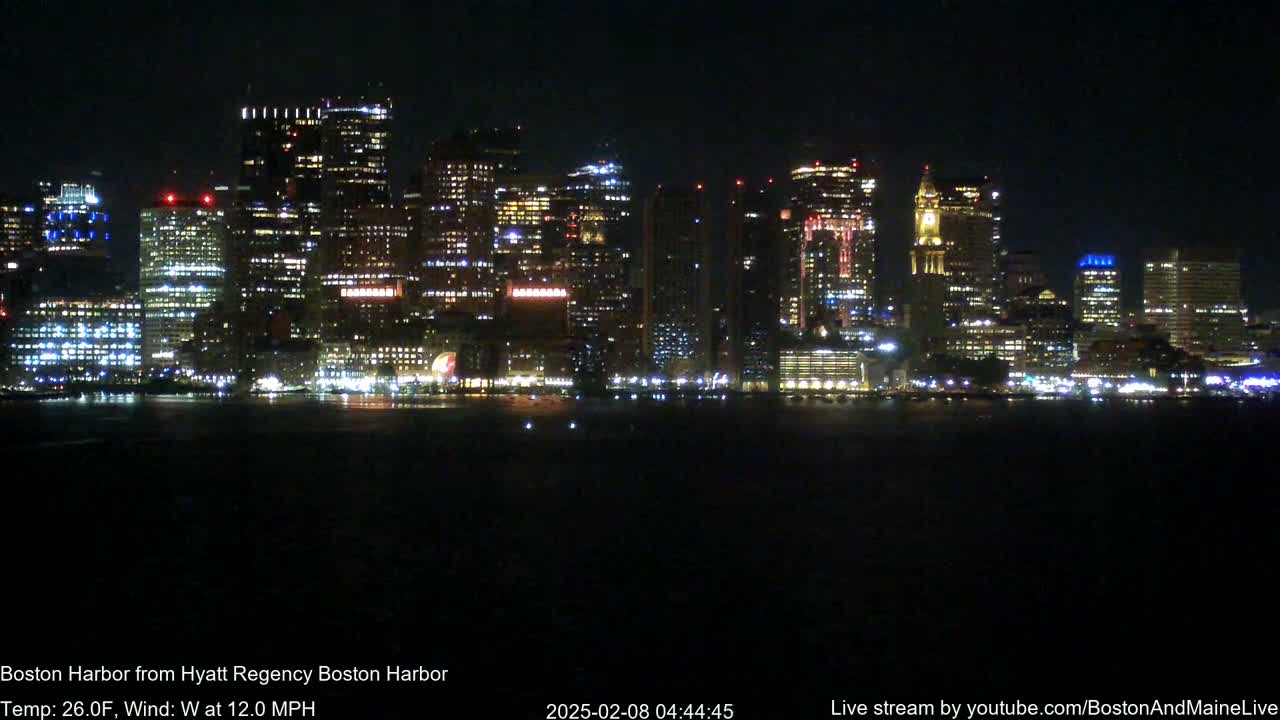 A brightly lit city skyline is seen across a dark body of water at night, under a clear sky with a west wind at 12 mph.