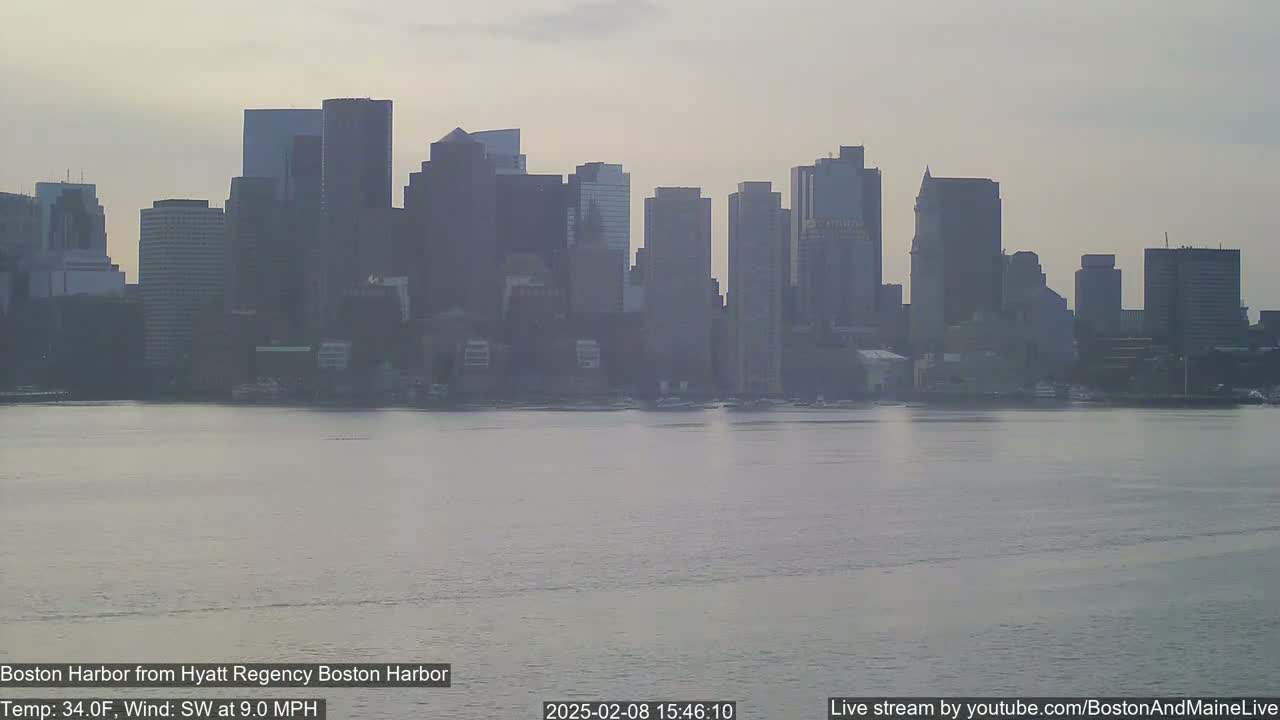 A hazy view of the Boston skyline across a calm body of water.