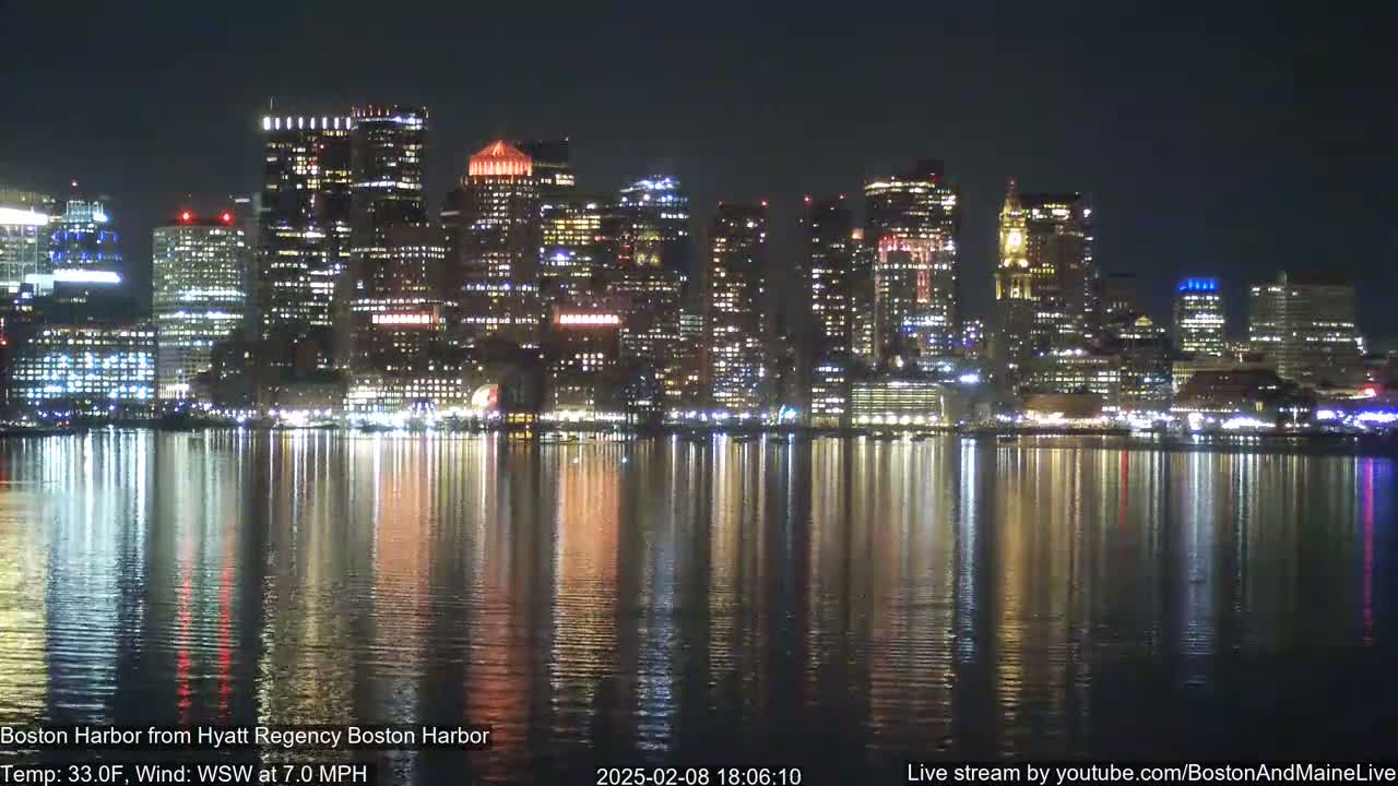 A brightly lit city skyline is reflected in calm water at night.