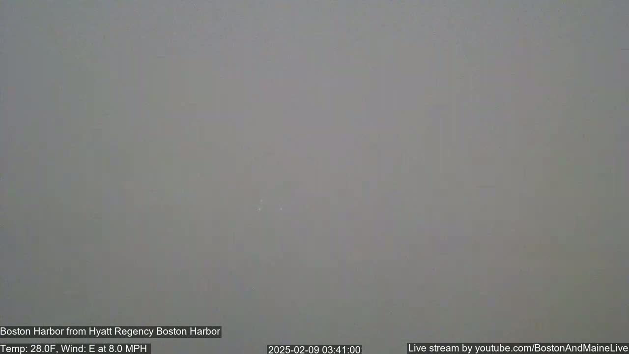 A hazy gray view of Boston Harbor is visible under an overcast sky with an easterly wind of 8 mph and a temperature of 28°F.