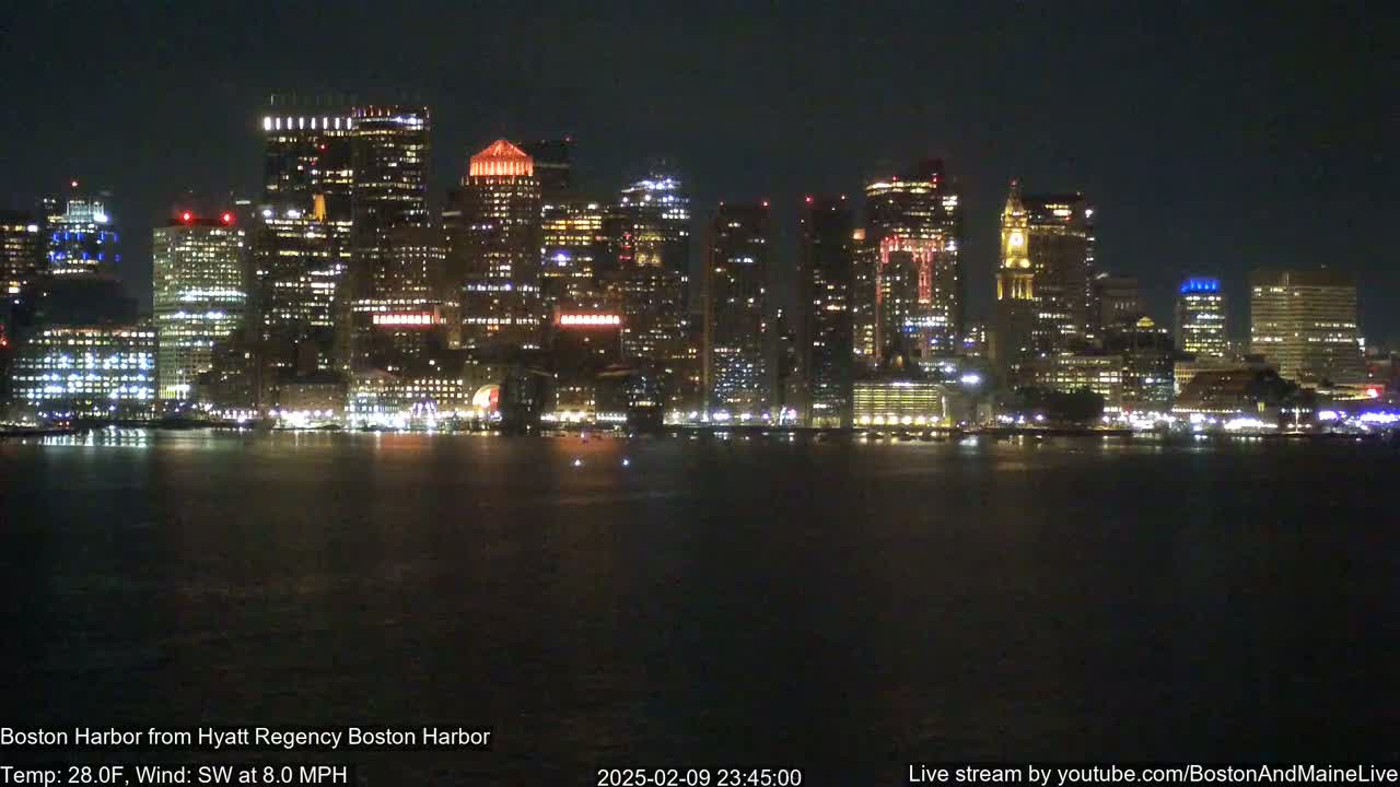 A brightly lit city skyline is seen across a dark body of water at night, under a clear sky.