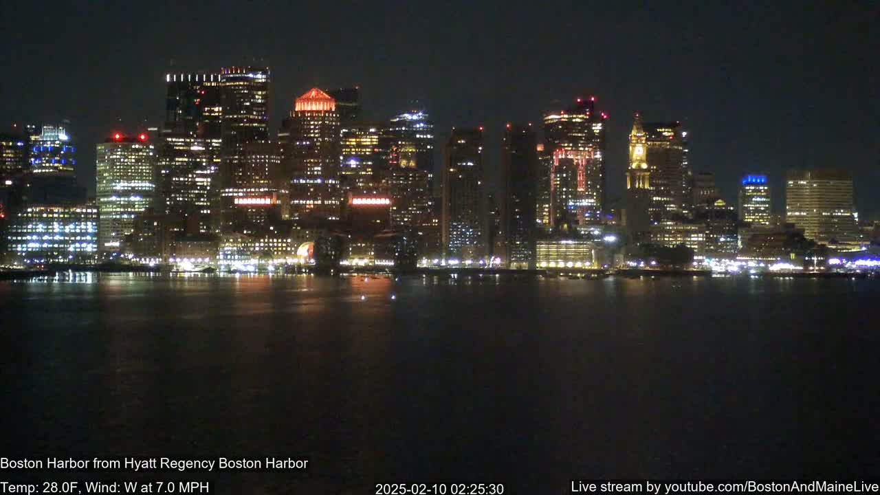 A brightly lit city skyline at night is seen across a dark body of water, with a calm surface and a slight west wind.