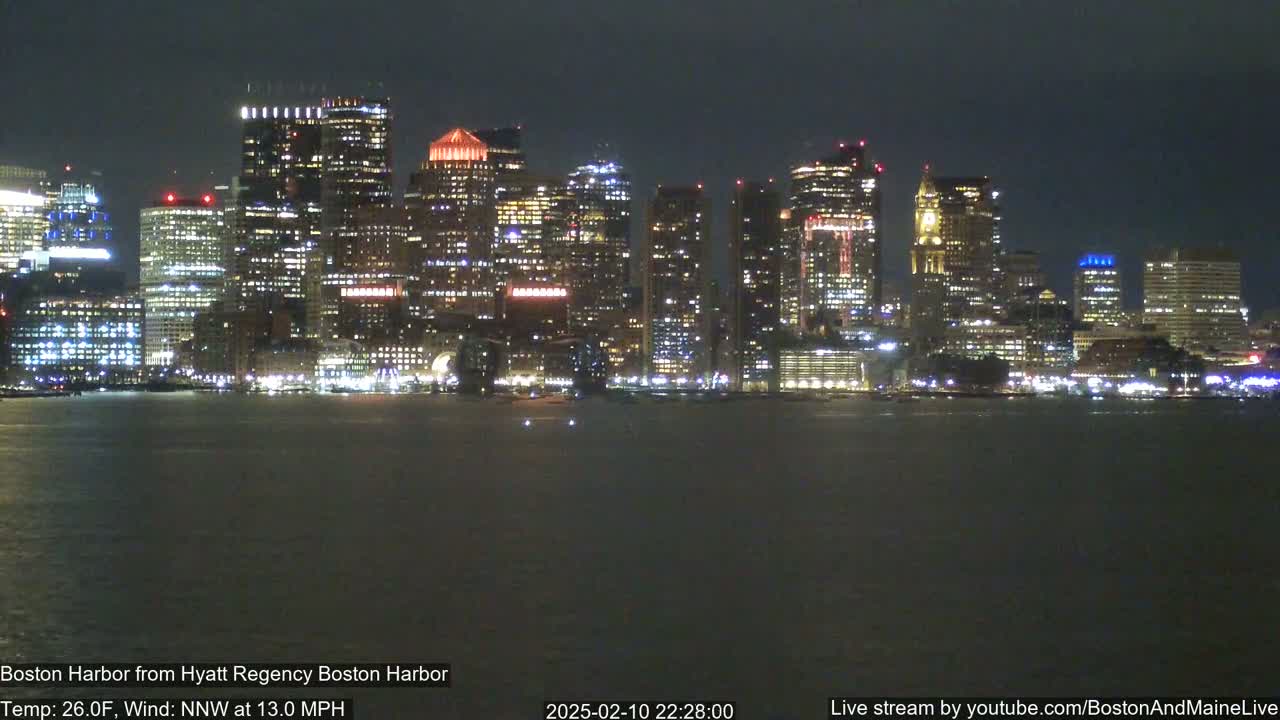 A nighttime view of a city skyline across a dark body of water, under a dark sky.