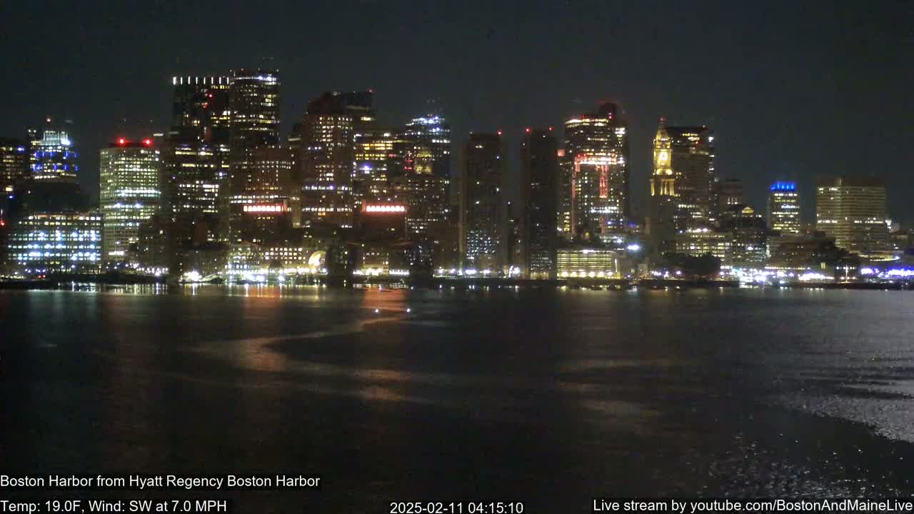 A nighttime view of a city skyline across a dark body of water under a clear sky, with a light southwest wind.
