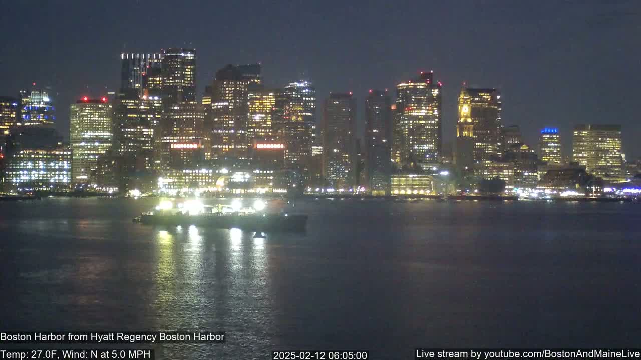 A nighttime view of a brightly lit city skyline across a dark body of water, with a vessel in the foreground and a north wind at 5 mph.
