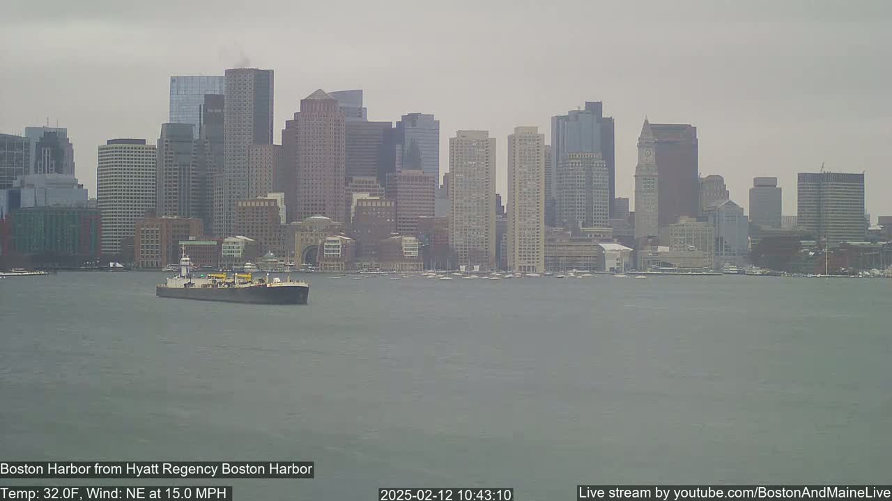 A barge is on the water in front of a city skyline under an overcast sky.