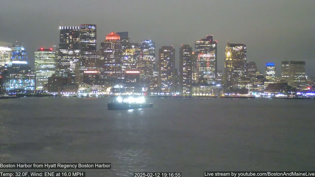 A nighttime view of a city skyline across a harbor with a boat in the foreground, under a gray sky with a 16 mph east-northeast wind and a temperature of 32°F.