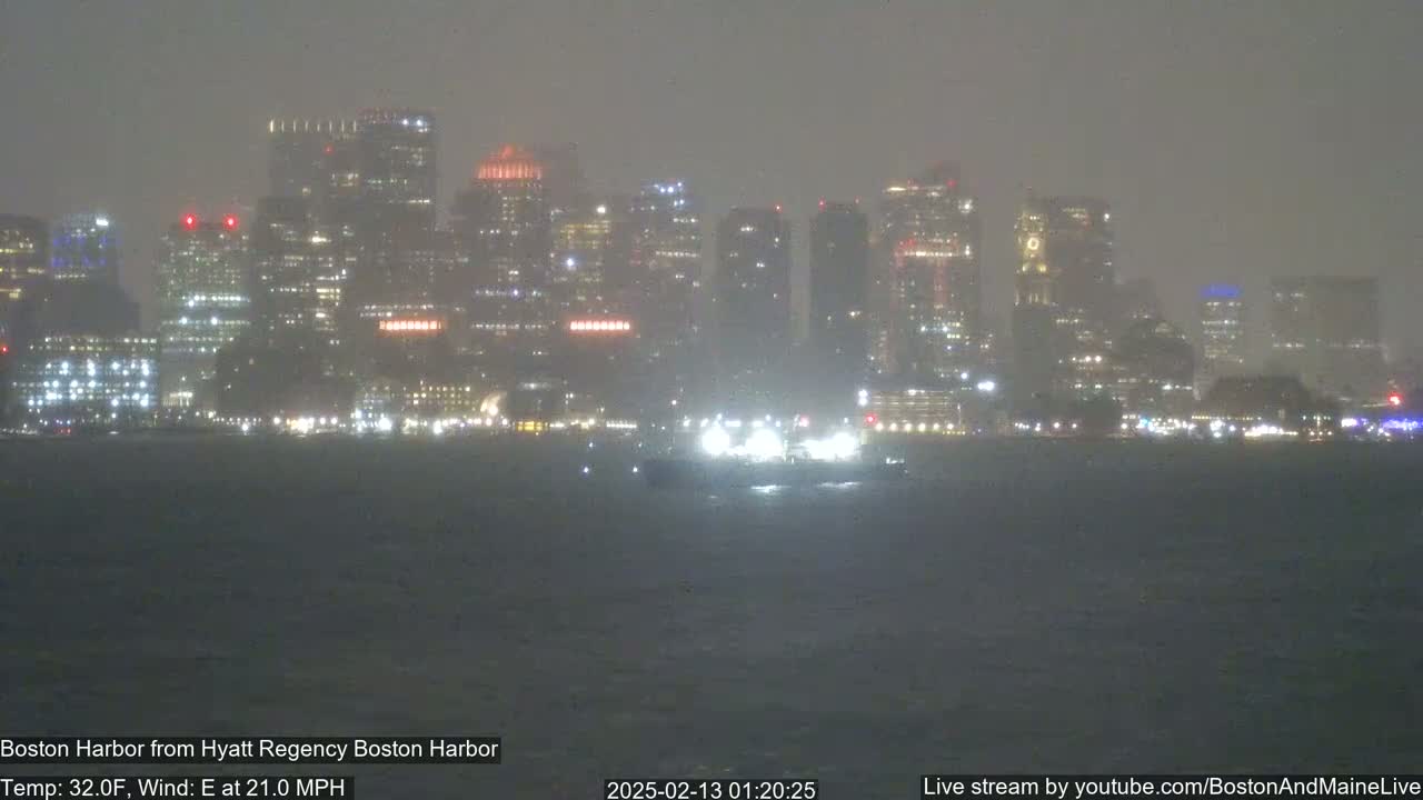 A nighttime view of a city skyline across a harbor shrouded in fog, with a boat visible in the foreground.