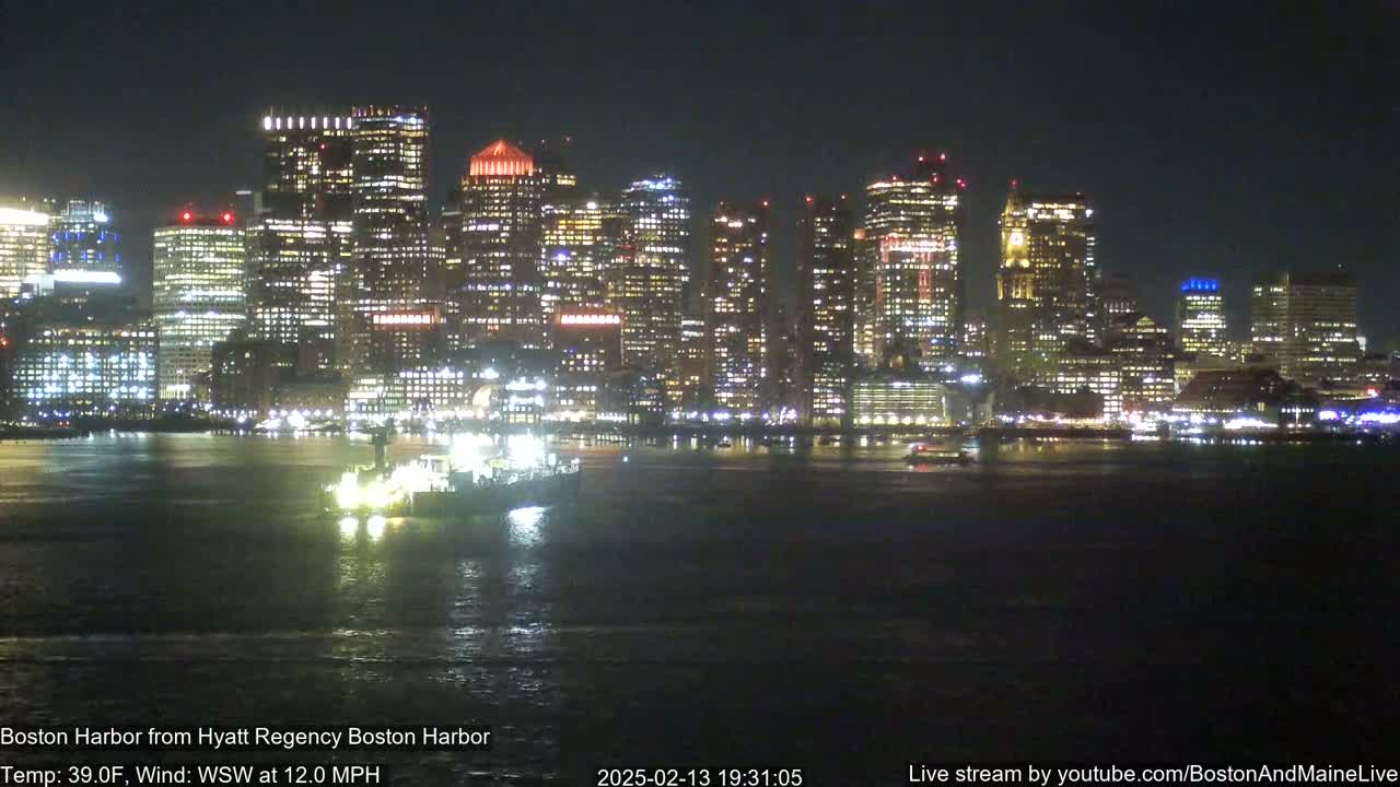 A brightly lit city skyline is seen across a dark body of water at night, with a moderate wind.