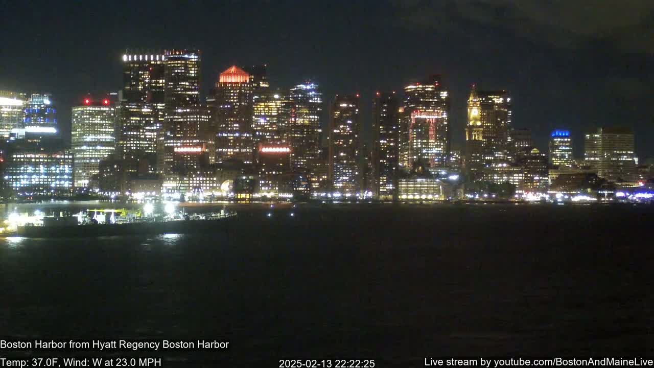 A brightly lit city skyline is visible across a dark body of water at night, with a strong west wind.