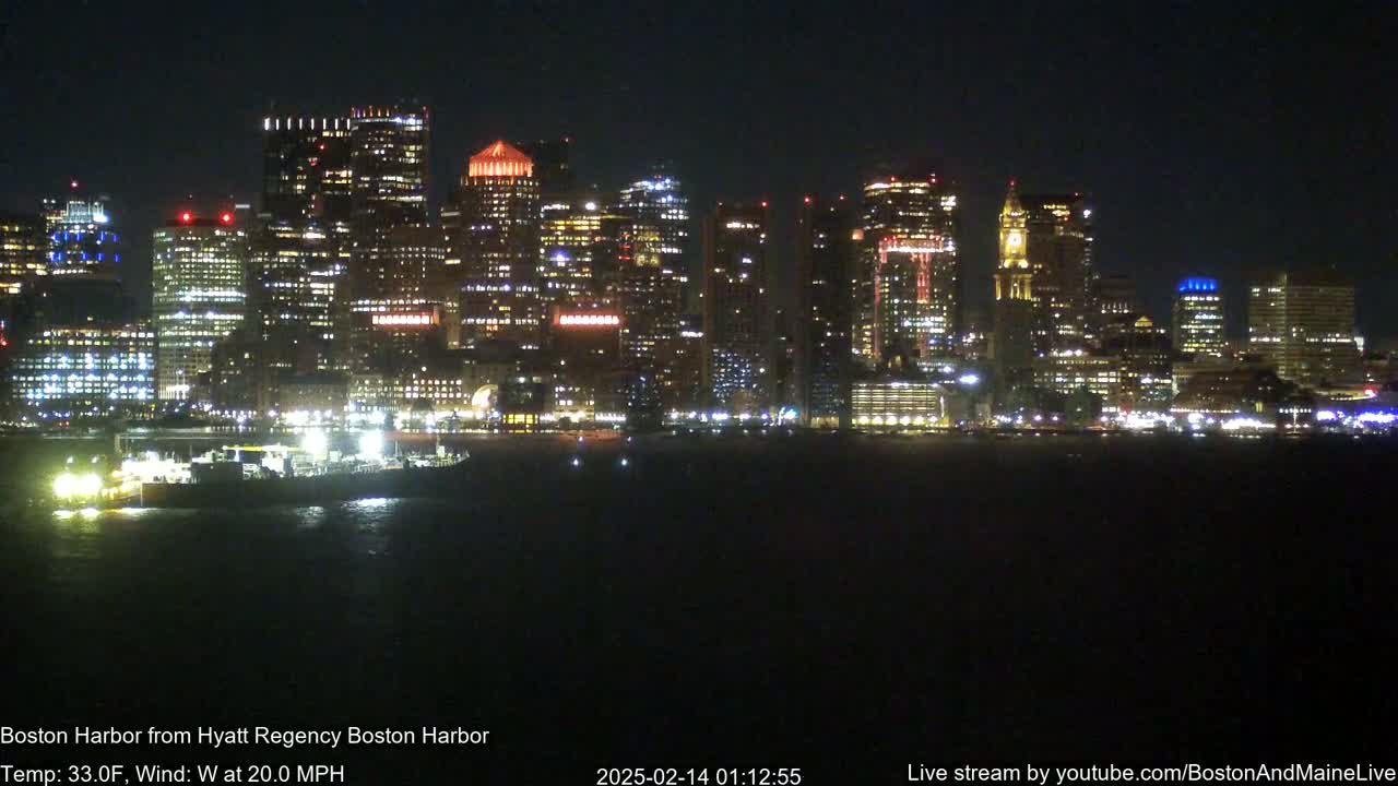 A brightly lit city skyline is seen across a dark body of water at night, with a 20 mph wind.