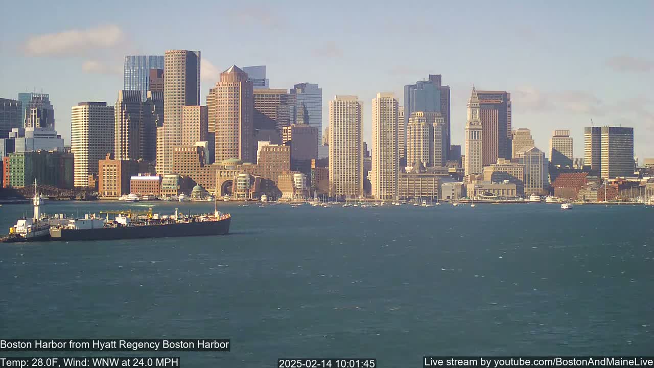 A barge sits in a choppy harbor in front of a city skyline on a sunny day with a 24 mph wind.