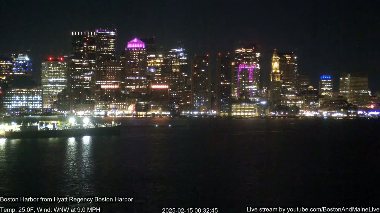 A brightly lit city skyline is seen across a dark body of water at night, under a clear sky.