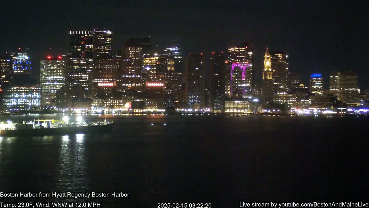 A brightly lit cityscape is seen across a dark body of water at night, under a clear sky with a 12 mph wind.