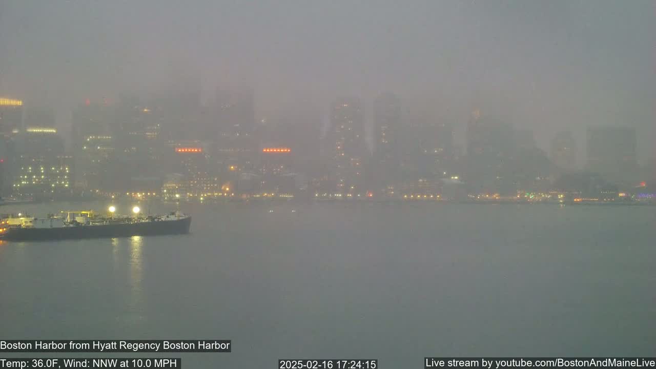 A hazy, foggy city skyline is visible across a harbor, with a large ship in the foreground.