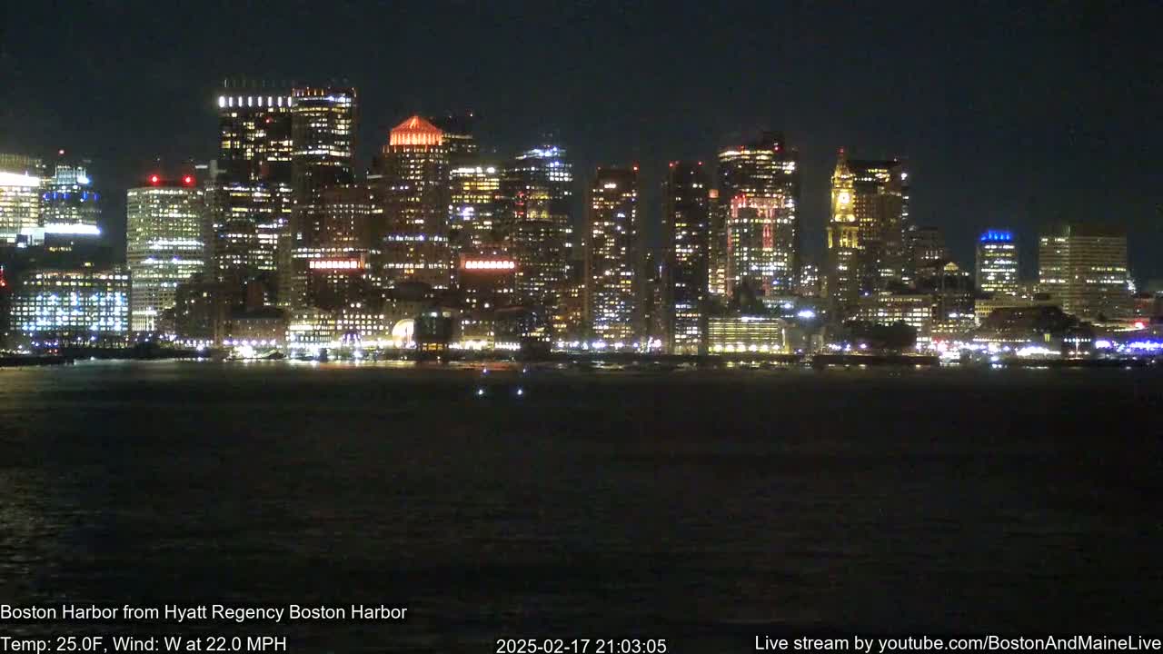 A brightly lit city skyline is seen across a dark body of water at night, with a strong west wind.