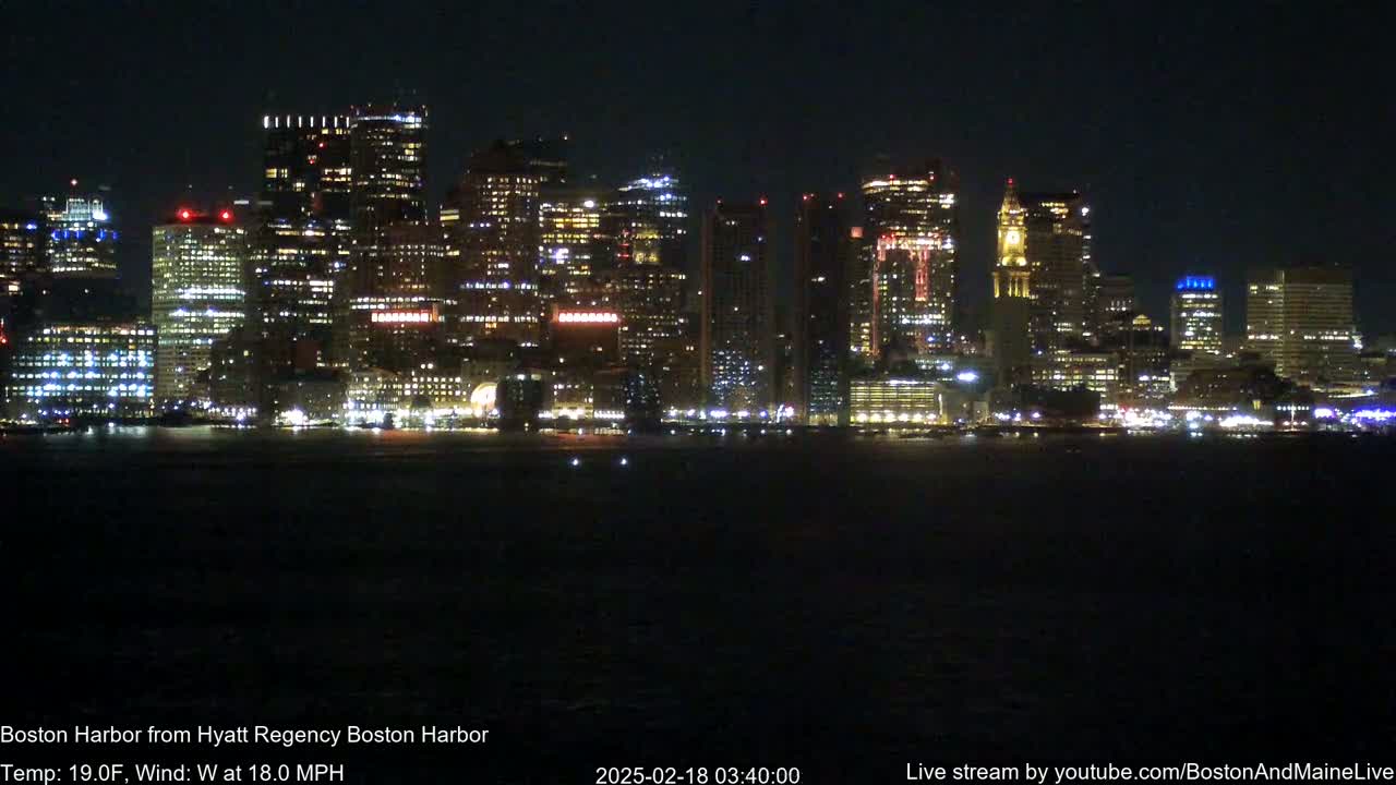 A brightly lit city skyline is seen across a dark body of water at night, with a strong west wind.