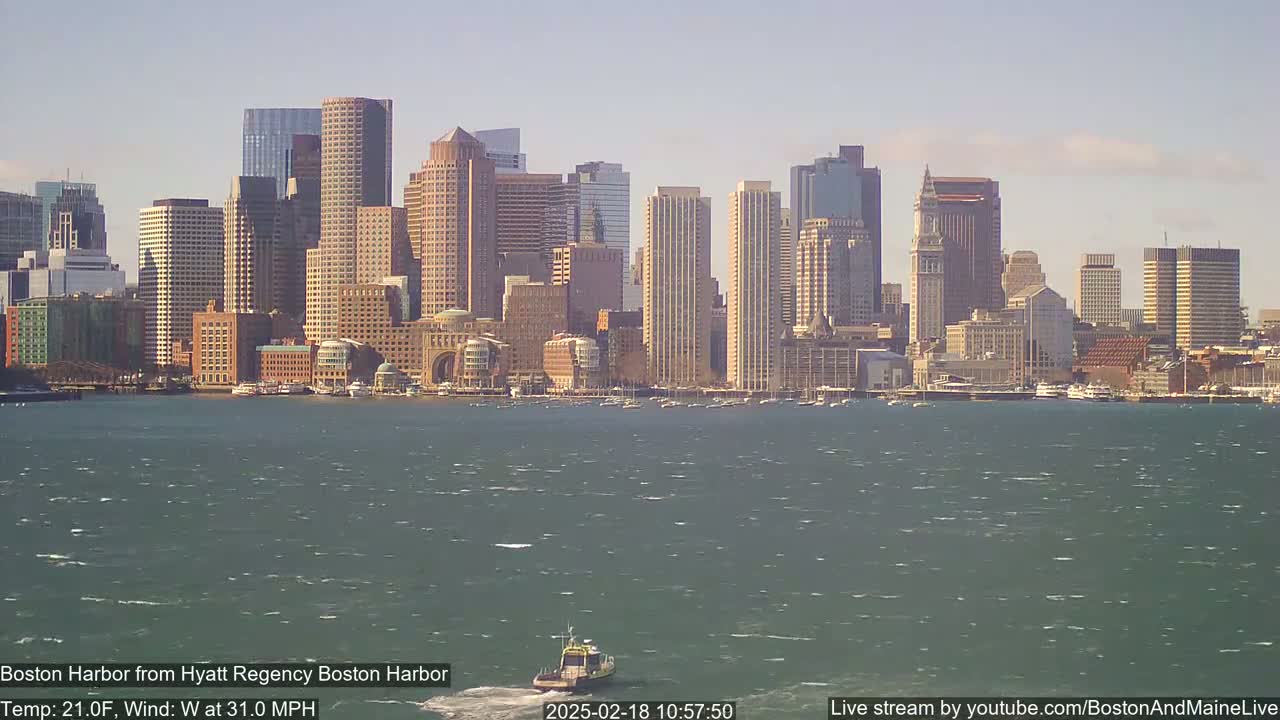 A city skyline with numerous skyscrapers is seen across a choppy body of water on a windy, cold day.