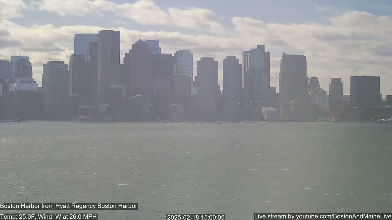 A city skyline is visible across a choppy body of water on a partly cloudy day with a 25°F temperature and a 26 mph westerly wind.