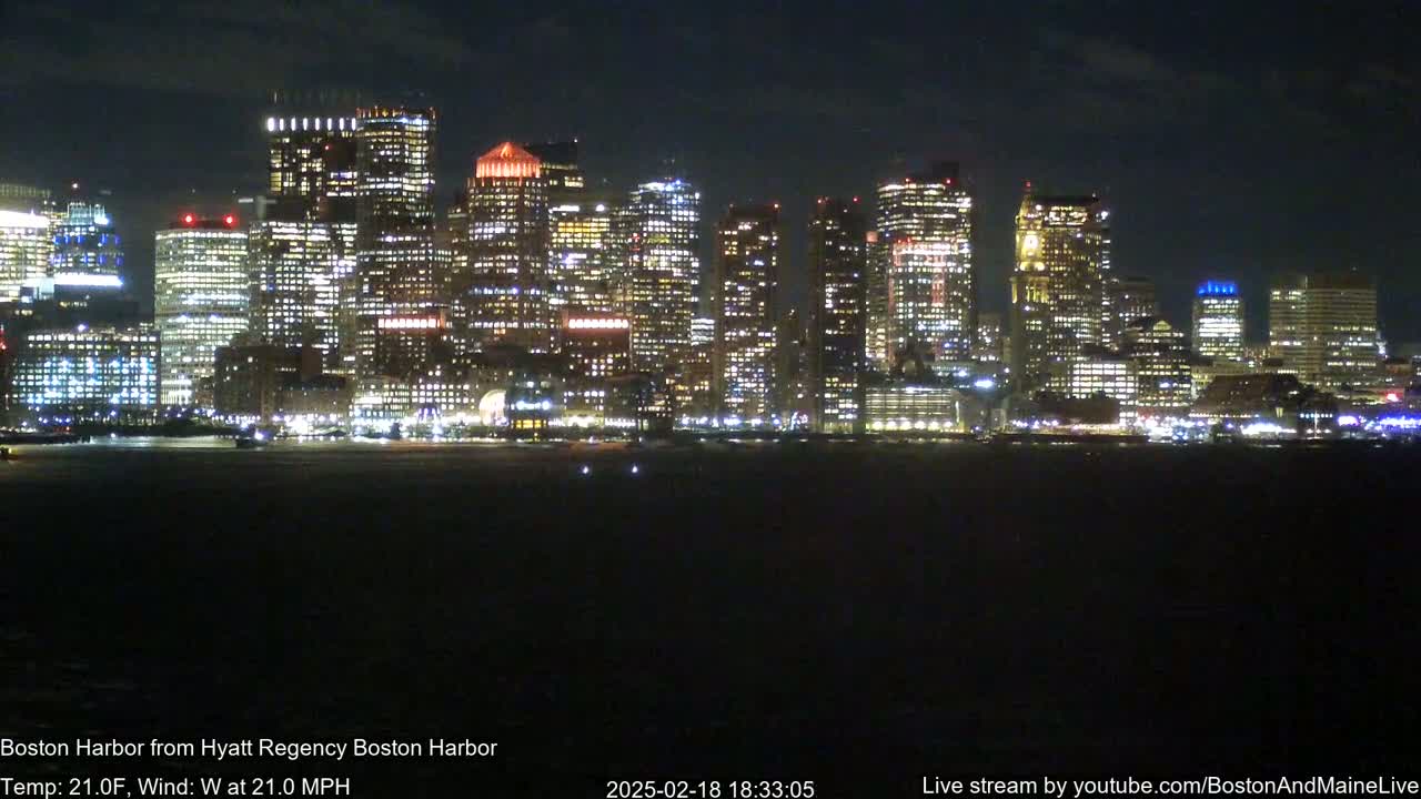 A brightly lit city skyline is seen across a dark body of water at night, under a dark sky with a strong west wind.