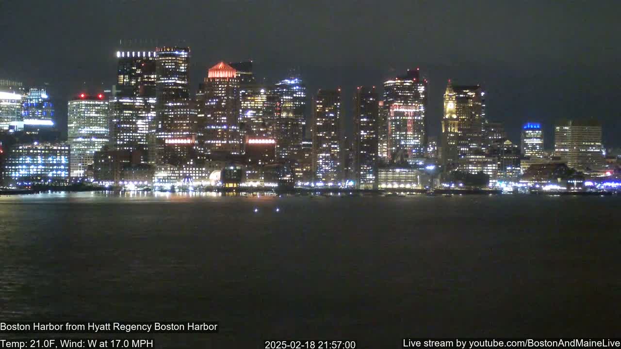 A brightly lit city skyline is seen across a dark body of water at night, with a windy, 21°F temperature.