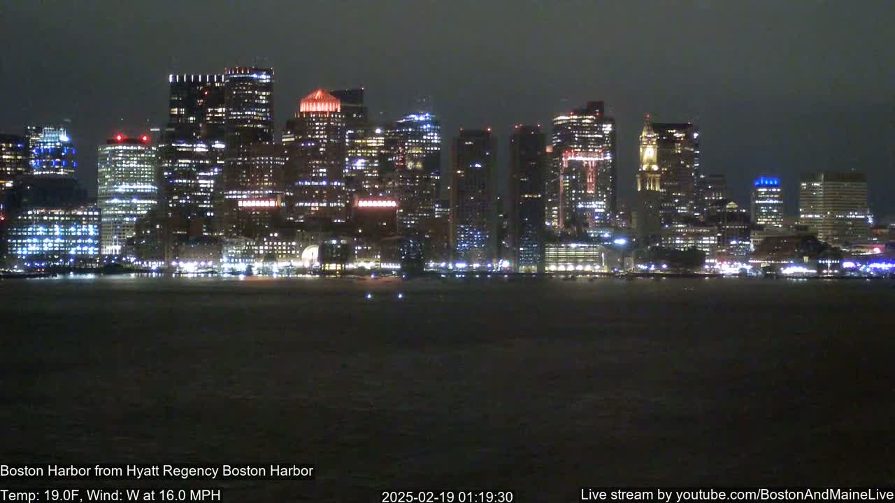 A nighttime view of a city skyline across a dark body of water, under windy conditions.
