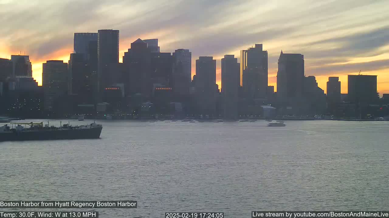 A city skyline silhouetted against a sunset over calm water, with a light wind.