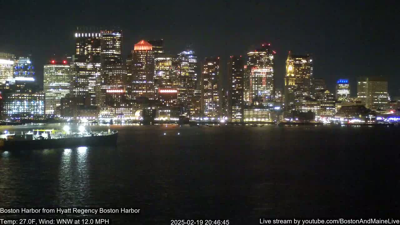 A brightly lit city skyline is seen across a dark body of water at night, with a slight wind.