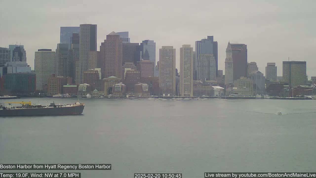 A large cargo ship is in the harbor in front of a city skyline on an overcast day with a northwest wind of 7 mph and a temperature of 19 degrees Fahrenheit.
