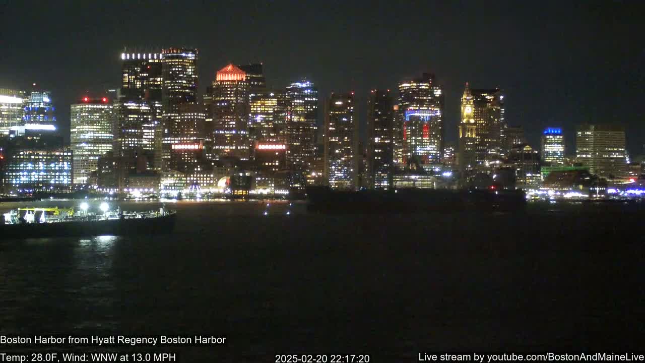 A brightly lit city skyline is seen across a dark body of water at night.
