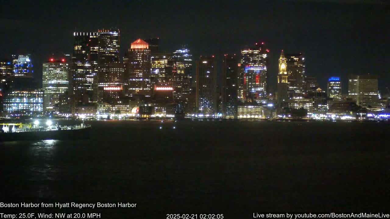A brightly lit city skyline is visible across dark water at night, under a windy, 25°F temperature.