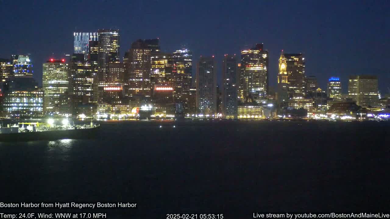 A brightly lit city skyline is seen across a dark body of water at night, under a clear sky with a 17 mph wind.
