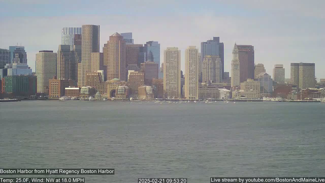A cityscape of numerous tall buildings is seen across a body of water under a mostly clear sky with a northwest wind blowing at 18 mph and a temperature of 25°F.