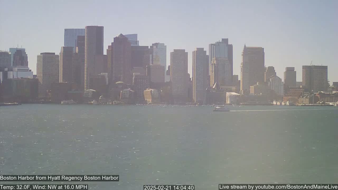 A city skyline of numerous tall buildings is seen across a body of water on a partly sunny day with a northwest wind at 16 mph and a temperature of 32 degrees Fahrenheit.