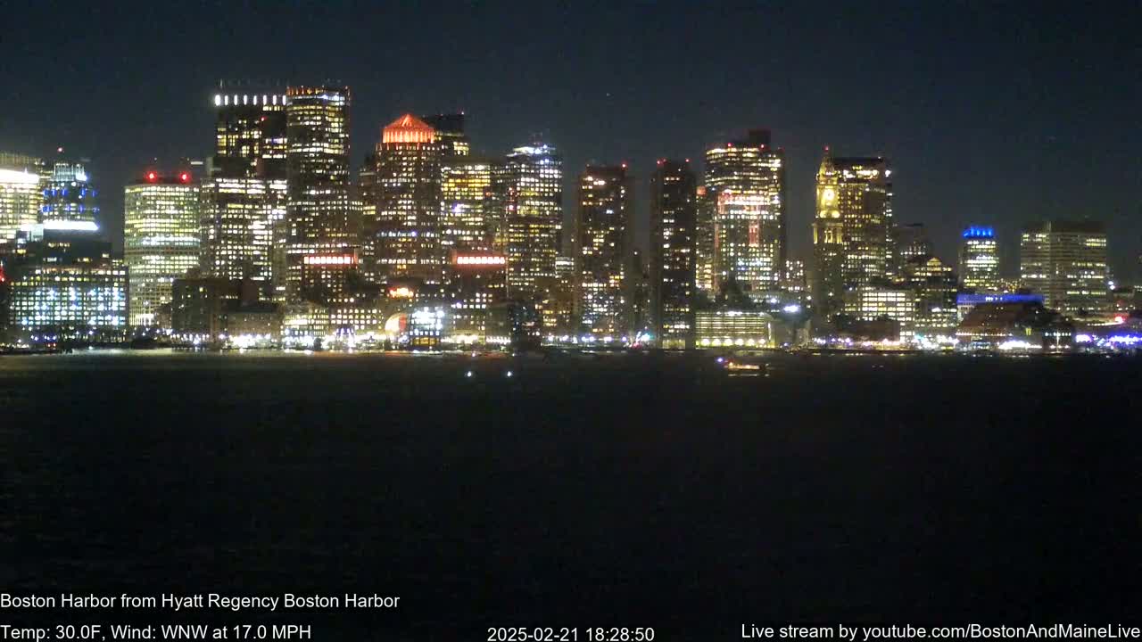 A brightly lit cityscape is seen across a dark body of water at night, with a 30°F temperature and a 17 mph wind from the west-northwest.
