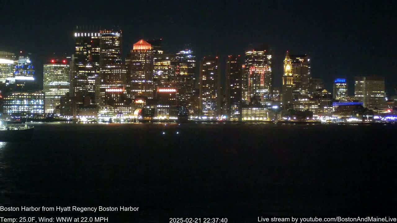 A brightly lit city skyline is viewed across dark water at night, under a clear sky with a strong wind.
