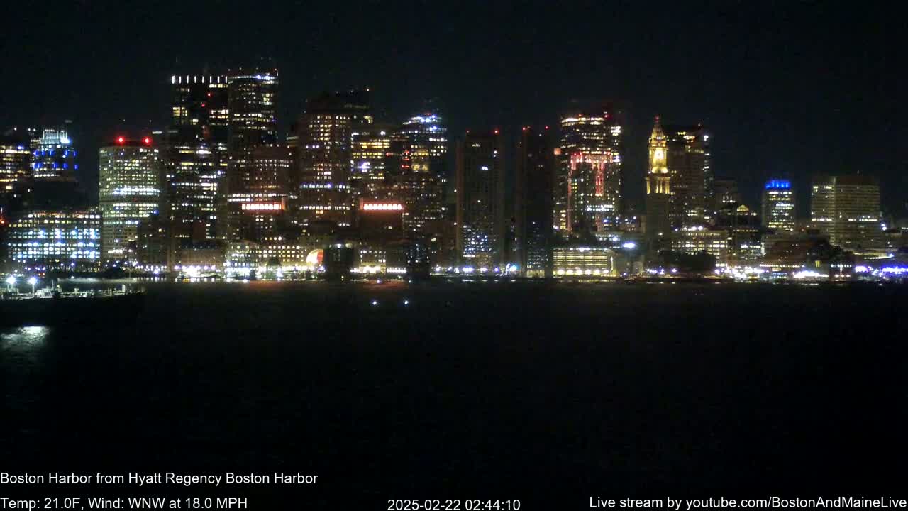 A brightly lit city skyline is visible across a dark body of water at night, under a clear sky with an 18 mph wind.