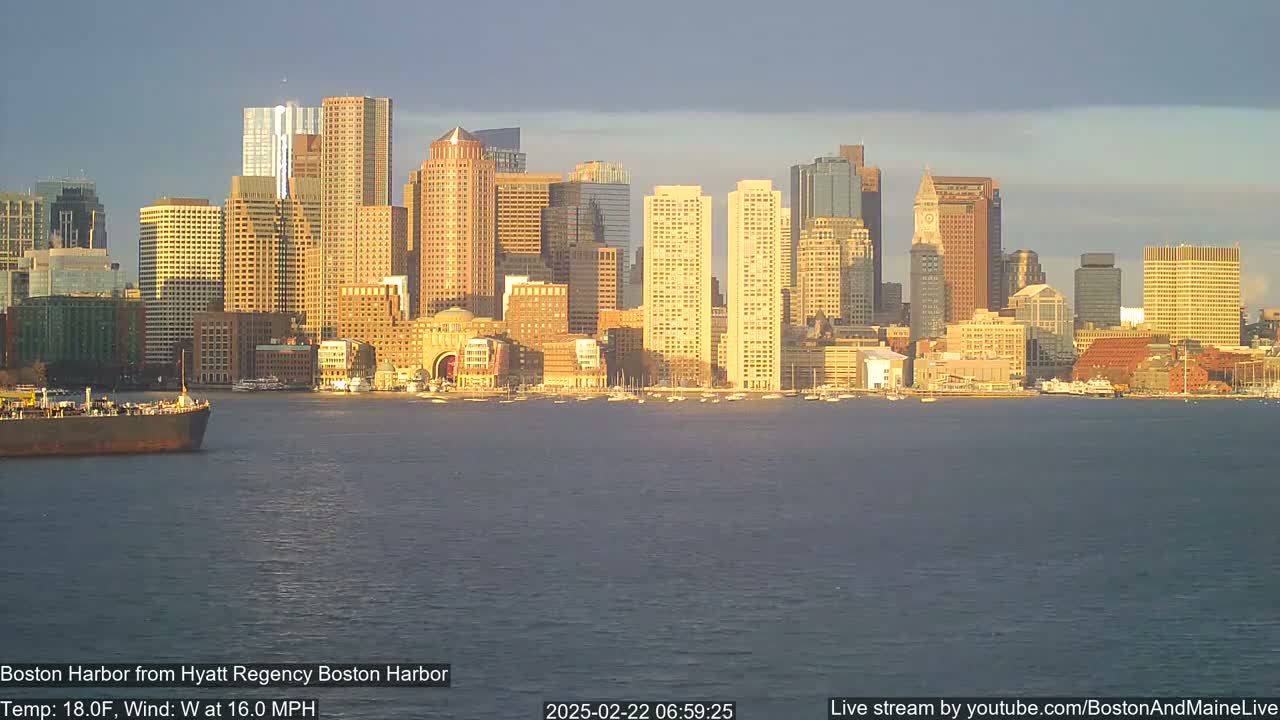 A city skyline with many tall buildings is seen across a body of water under a partly cloudy sky.