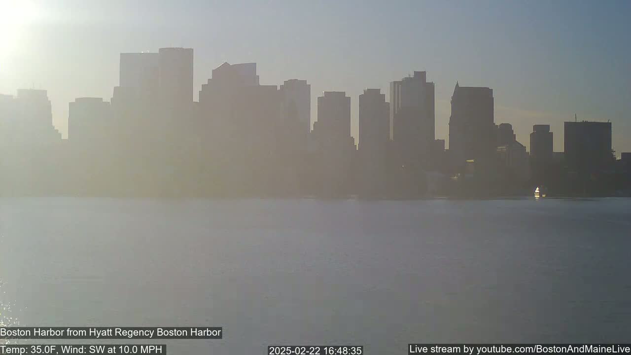 A hazy, sunlit cityscape silhouetted against a calm harbor in a 35°F temperature with a southwest wind at 10 mph.