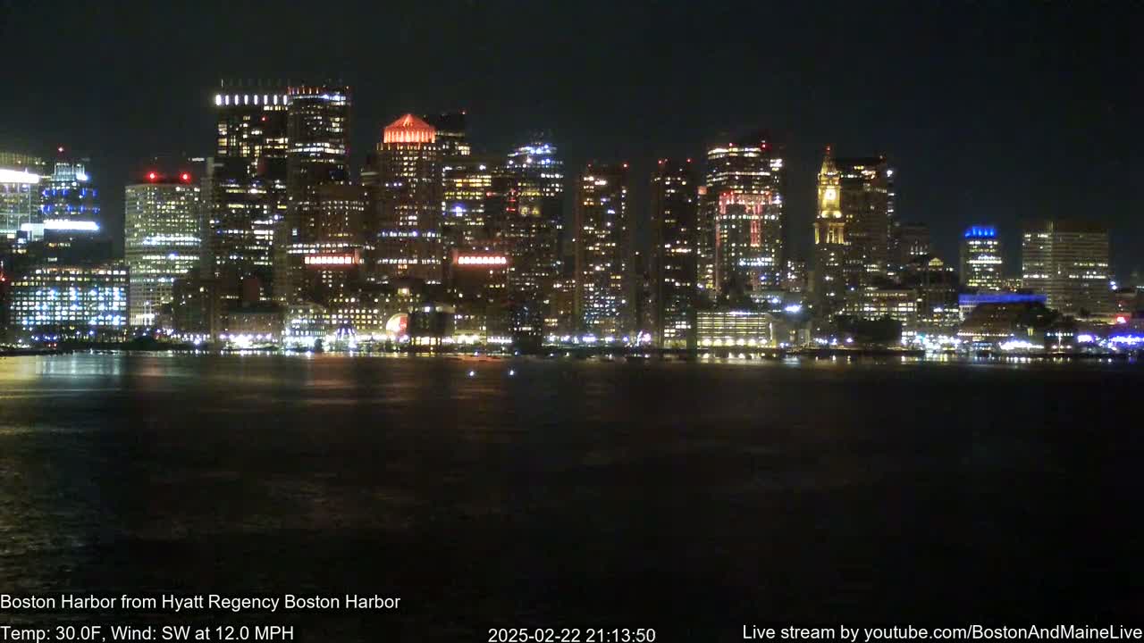 A brightly lit cityscape at night is seen across a dark body of water, with a strong southwest wind.