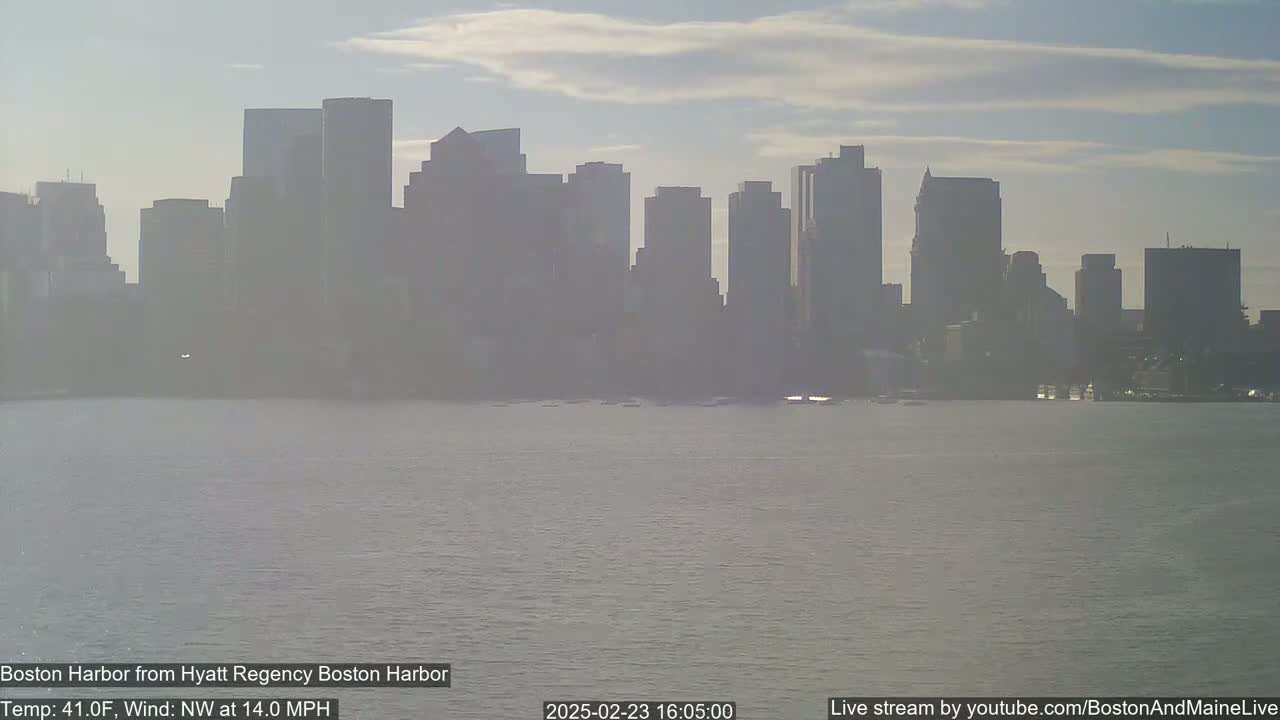 A hazy view of a city skyline across calm water under a partly cloudy sky.