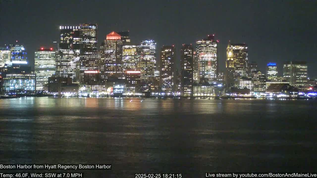 A brightly lit city skyline is reflected on dark water at night, under a clear sky with a gentle wind.