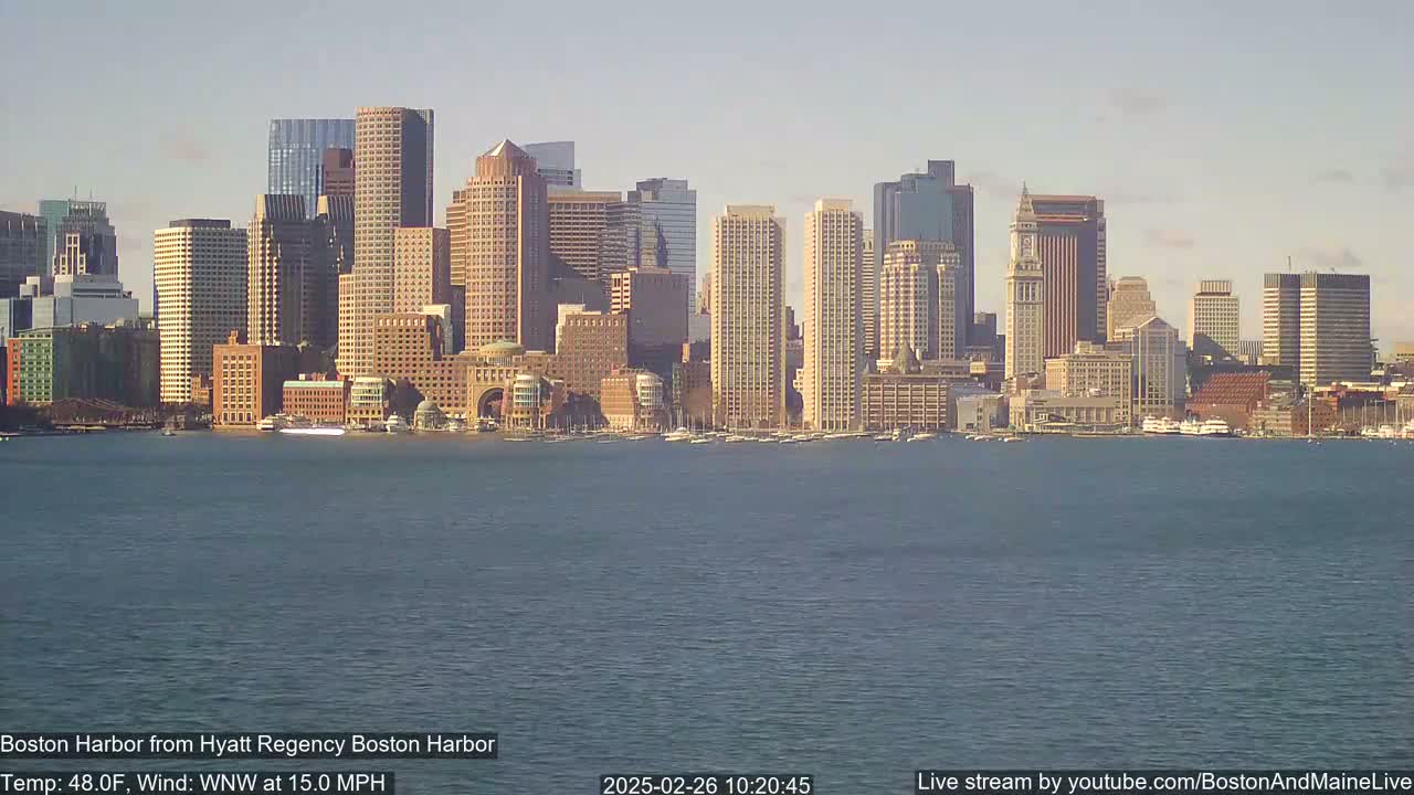 A city skyline with numerous tall buildings is seen across a body of water under a clear sky with a wind of 15 mph from the west-northwest.