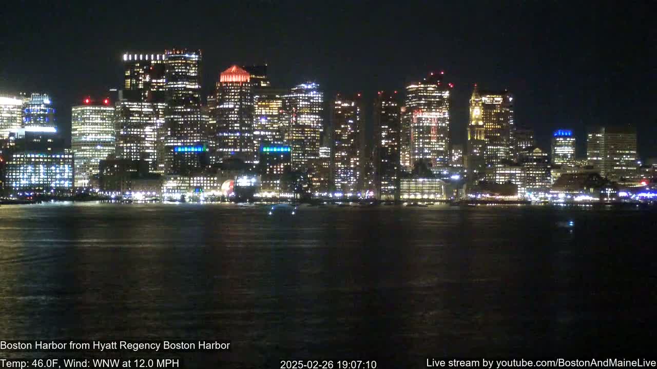 A brightly lit city skyline is seen across a dark, slightly choppy body of water at night.