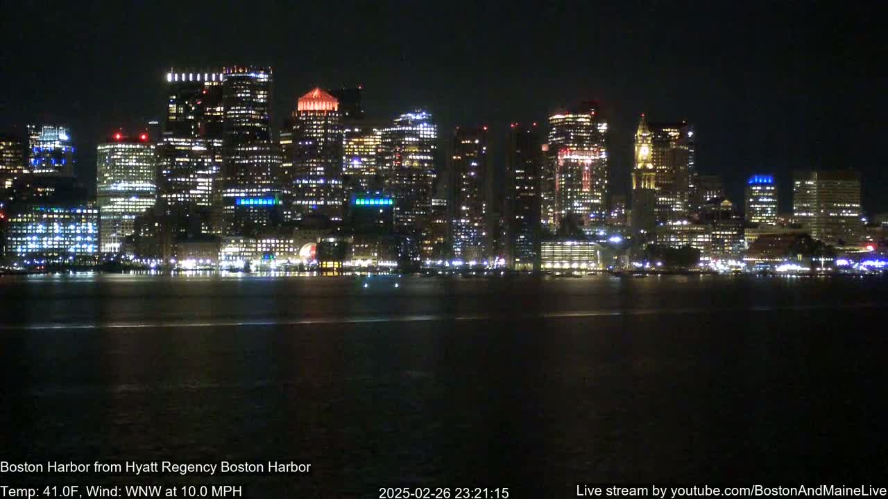 A brightly lit cityscape is seen across a dark body of water at night, with a 10 mph wind.