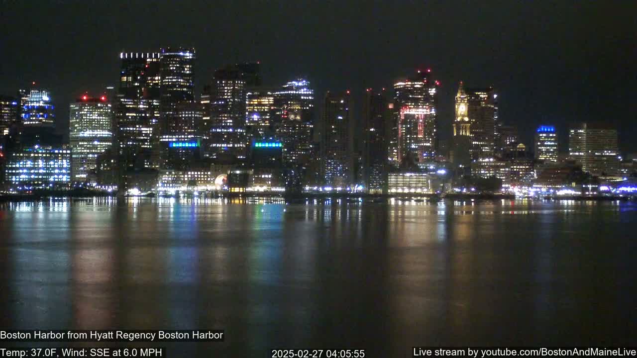 A brightly lit city skyline is reflected in calm, dark water under a night sky.